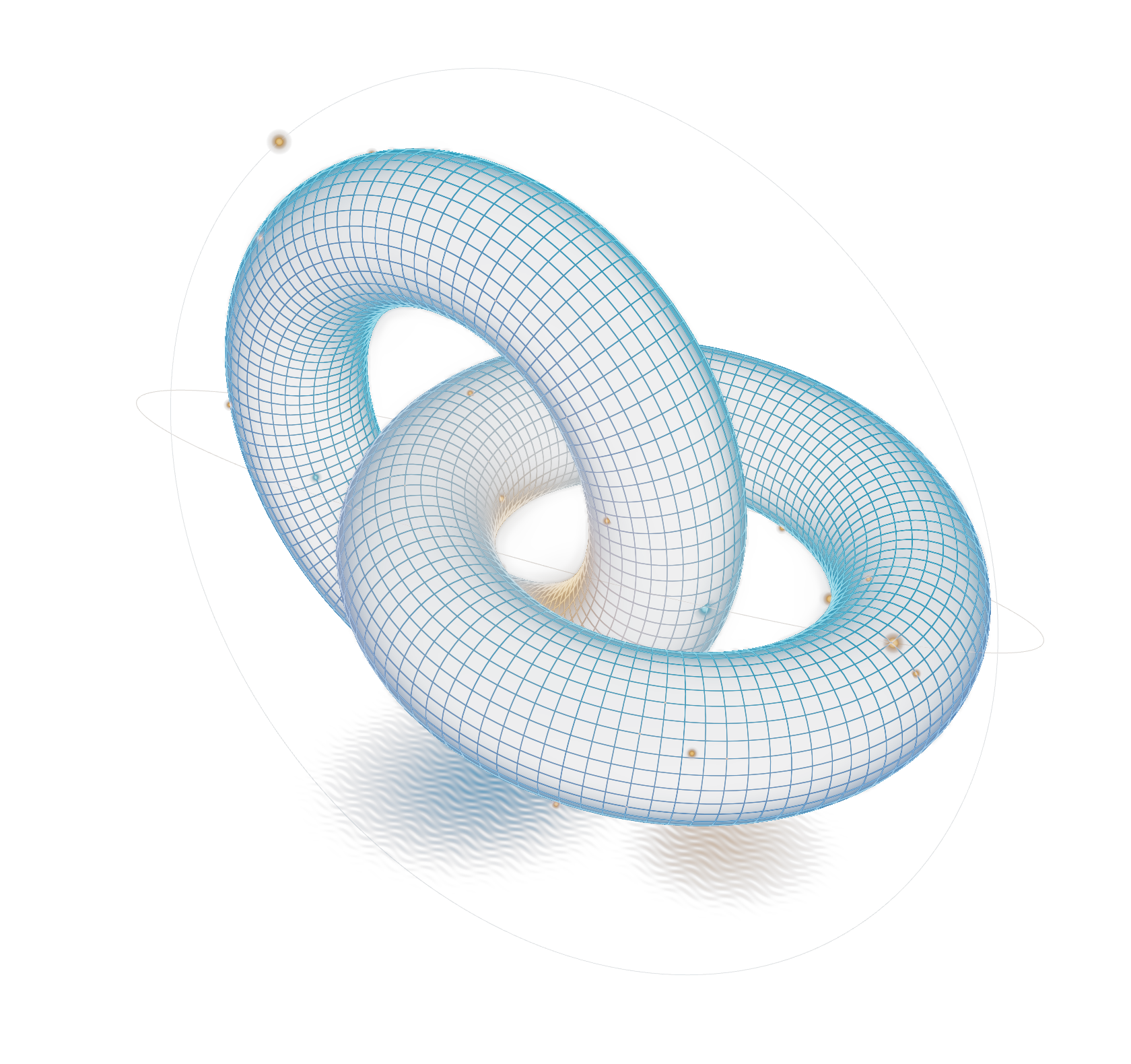 Deux anneaux entrelacés quadrillés de lumière cyan, ponctués d’or.